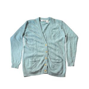 VTG 80s 90s Cable Lace Knit Wool Angora Seafoam Blue Green V Neck Cardigan Sz S